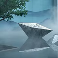 Geometric Perforated Sculpture With Reflection In Water Misty Tree And Mountain Background