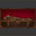 Open Wooden Chest With Red Velvet Lining Brass Hardware And Mechanical Arm