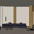 Modern Navy Blue L Shaped Sofa and Black Round Coffee Table Set with Brown Armchairs