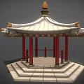 Chinese Traditional Pavilion With Red Pillars White Roof Golden Decorations And Stepped Base
