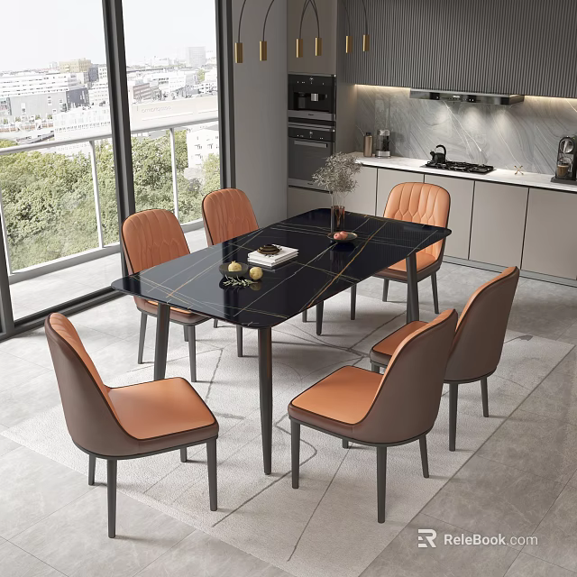 Modern Dining Table and Chairs with Black Tabletop and Orange Leather Seats in Kitchen Interior 3d model 