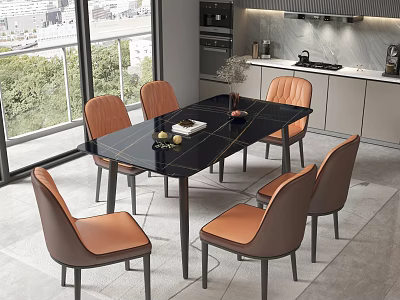 Modern Dining Table and Chairs with Black Tabletop and Orange Leather Seats in Kitchen Interior 3d model