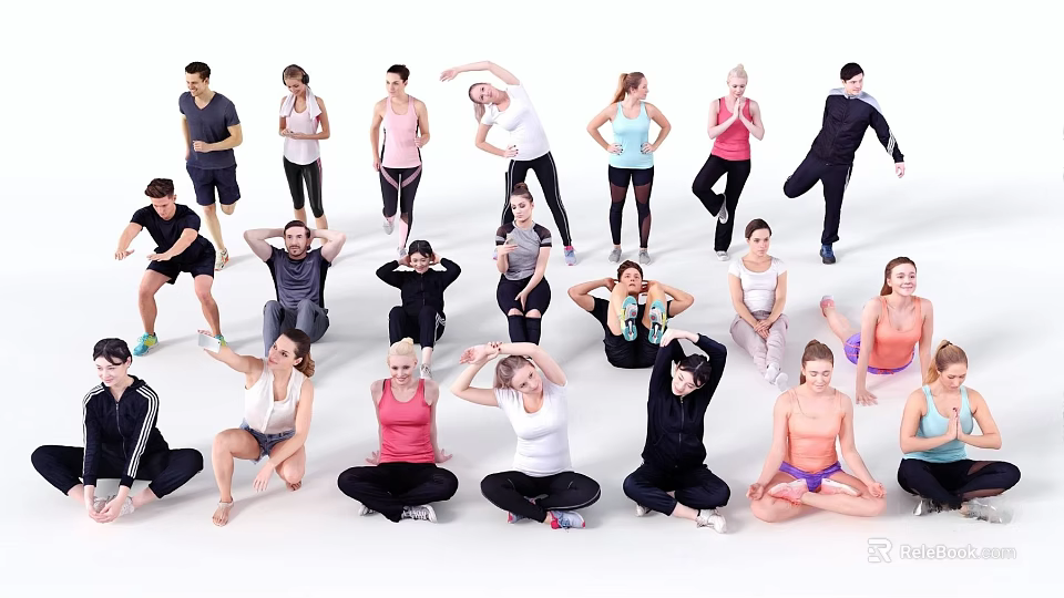 Group of People Performing Various Fitness Exercises And Workout Poses Together 3d model 