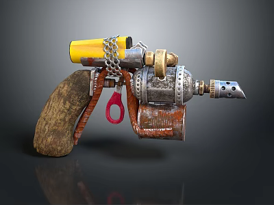 Steampunk Pistol Design With Wooden Grip Yellow Component Chain And Metallic Details 3d model