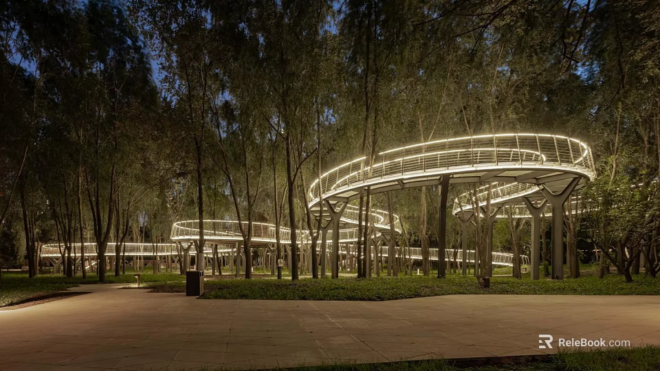 Illuminated Circular Walkway In Night Park With Tall Trees And Path 3d model 