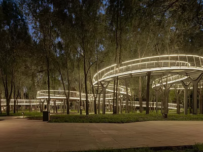 Illuminated Circular Walkway In Night Park With Tall Trees And Path 3d model