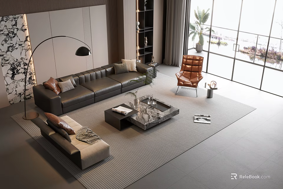 Modern Living Room Sofa and Coffee Table Set with Orange Armchair Large Windows Area Rug 3d model 