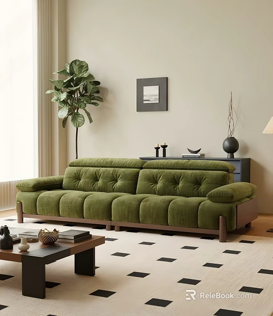 Green Velvet Leisure Sofa Set With Wooden Legs And Potted Plant In Modern Living Room 3d model 