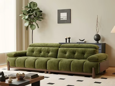 Green Velvet Leisure Sofa Set With Wooden Legs And Potted Plant In Modern Living Room 3d model