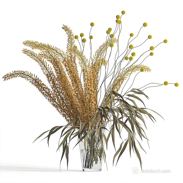 Dried Flower Vase Arrangement with Golden Wheat Stems Green Leaves and Yellow Pom-Poms 3d model 