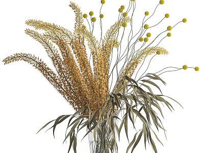 Dried Flower Vase Arrangement with Golden Wheat Stems Green Leaves and Yellow Pom-Poms 3d model