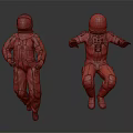 Two Men Wearing Red and Blue Astronaut Suits Standing Against Blue Background