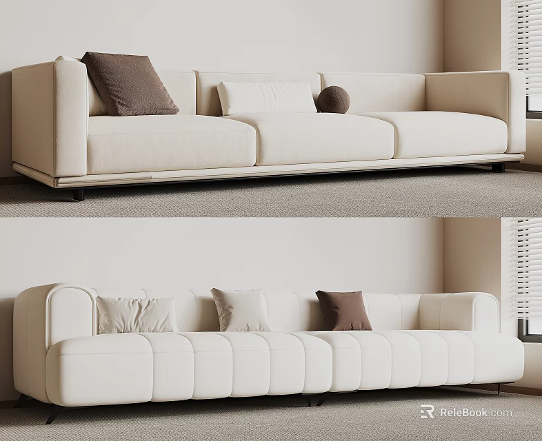 White Three Seater Sofa With Multiple Plush Pillows Stitched Design Light Wall And Gray Carpet 3d model