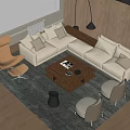 Modern Sofa And Coffee Table Combination With Beige Upholstery Wooden Top And Area Rug