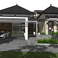 Detached Villa Exterior Featuring Tile Roof Luxury Car Driveway Brick Wall And Green Lawn