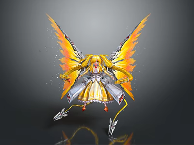 Futuristic Fantasy Female Character With Golden Hair Yellow Orange Mechanical Wings And Silver Spikes 3d model