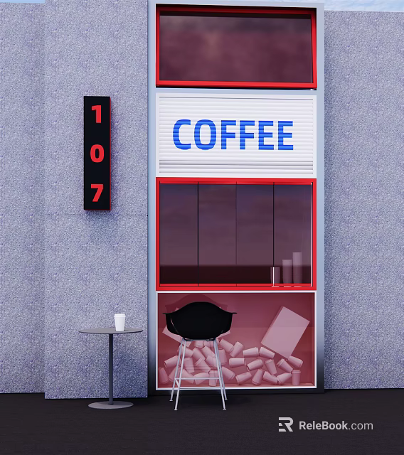 Coffee Storefront With 107 Sign Window Small Table Chair And Coffee Beans 3d model