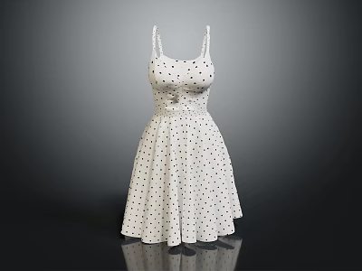 White Polka Dot Dress with Spaghetti Straps Fitted Waist and A line Skirt 3d model