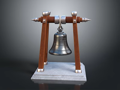 Architectural Bell Structure With Wooden Frame Metal Bell And Stone Base 3d model