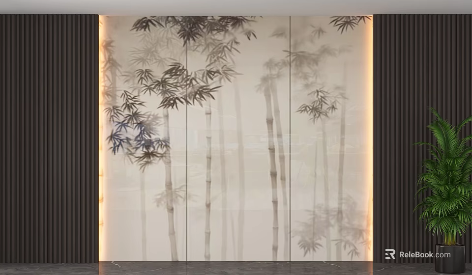 Elegant Modern Background Wall With Bamboo Pattern Dark Vertical Strips And Bottom Lighting Interior Design 3d model 