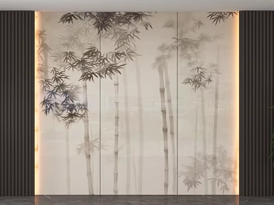 Elegant Modern Background Wall With Bamboo Pattern Dark Vertical Strips And Bottom Lighting Interior Design 3d model