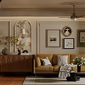 Warm Living and Dining Room Interior With Brown Leather Sofa Decorative Paintings and Potted Plant