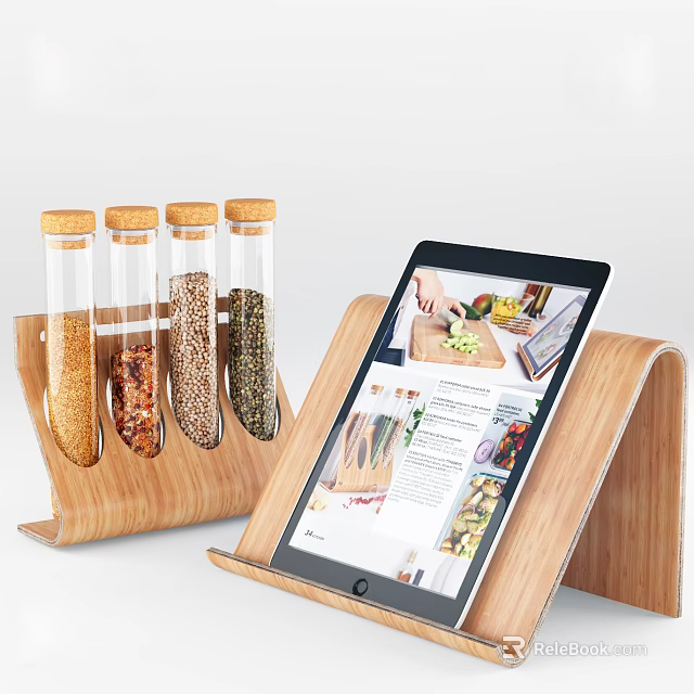 Glass Spice Jars On Wooden Rack With Recipe Tablet Displaying Various Spices And Herbs 3d model 