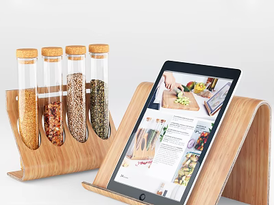 Glass Spice Jars On Wooden Rack With Recipe Tablet Displaying Various Spices And Herbs 3d model
