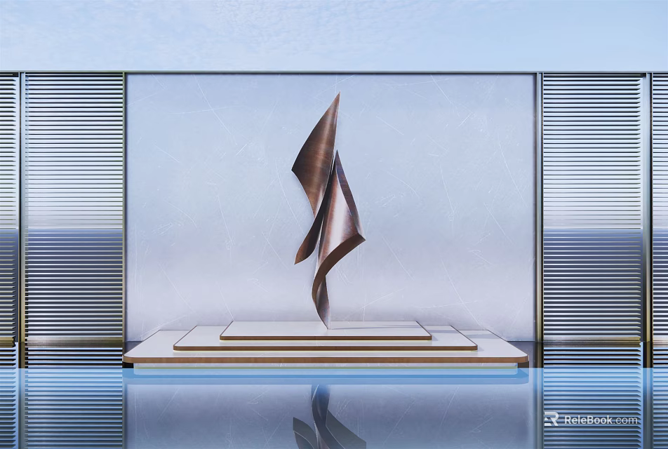 Modern Metal Landscape Sculpture With Twisted Shape On Pedestal And Vertical Stripe Background Wall 3d model 