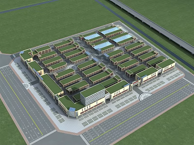 Modern Commercial Street with Green Roofs Organized Buildings Spacious Roads and Parking Areas 3d model
