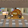 Modern Event Stage With Orange Backdrop Digital Screen White Cube Seats And Decorative Plants