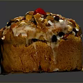 Freshly Baked Cake Topped With Walnuts Chocolate Chips Cherry And Icing