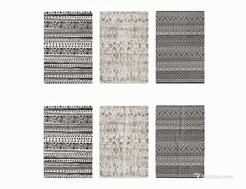 Stylish Square Rugs with Black and White Geometric Patterns and Various Designs 3d model 