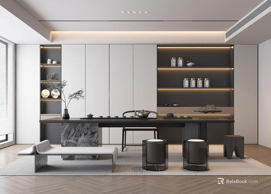 Modern Tea Room Interior With Tea Sets Marble Countertop Storage Shelves And Lighting 3d model 