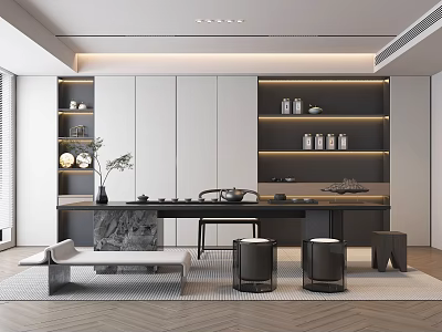 Modern Tea Room Interior With Tea Sets Marble Countertop Storage Shelves And Lighting 3d model