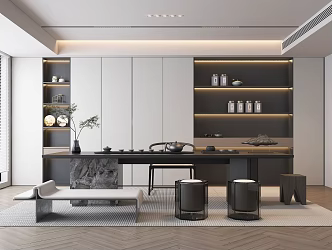 Modern Tea Room Tea Table and Chair Combination Tea Cabinet Carpet Chandelier Green Plant Tea Set Combination 3d model