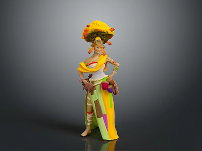Vibrant Fantasy Character With Ornamental Floral Feathered Headdress And Green Yellow Purple Skirt Outfit 3d model