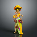 Vibrant Fantasy Character With Ornamental Floral Feathered Headdress And Green Yellow Purple Skirt Outfit