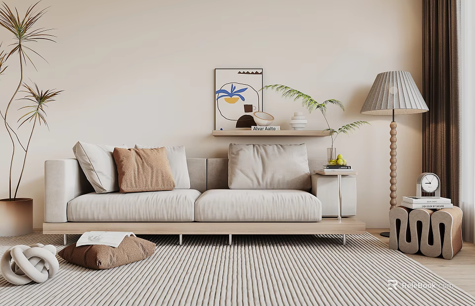 Beige Double Sofa With Cushions On Striped Rug Modern Floor Lamp And Wall Art 3d model 