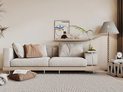 Beige Double Sofa With Cushions On Striped Rug Modern Floor Lamp And Wall Art 3d model
