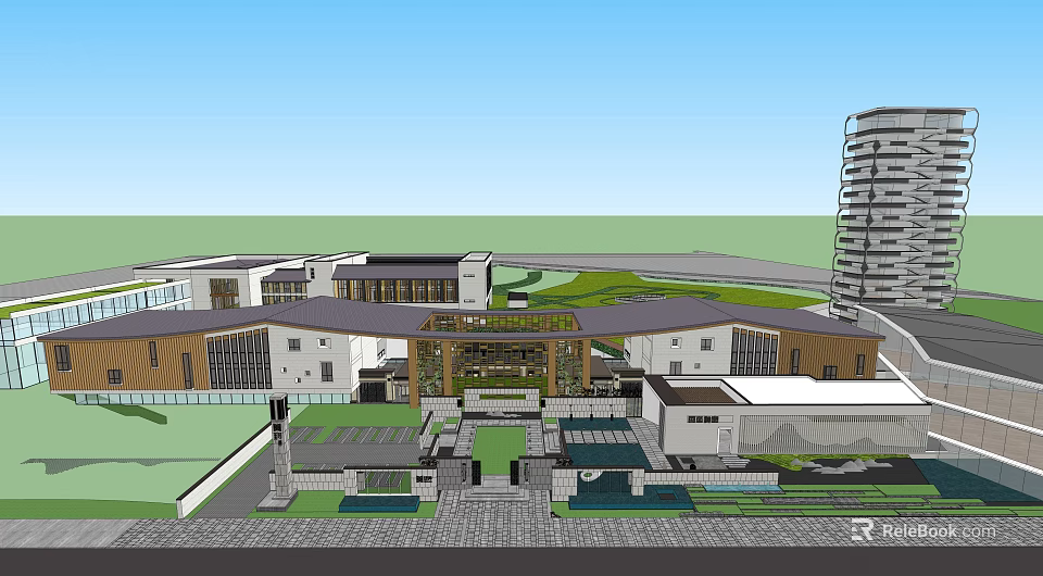 Modern Hotel Building With Entrance Courtyard Green Landscape And Surrounding Structures 3d model 