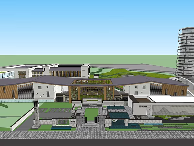 Modern Hotel Building With Entrance Courtyard Green Landscape And Surrounding Structures 3d model