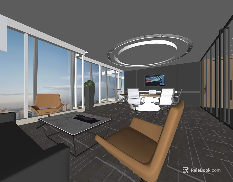 Modern Conference Room Interior With Large Windows View Brown Sofas Coffee Table Circular Ceiling Light 3d model 