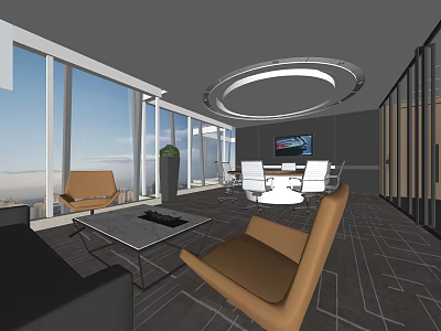 Modern Conference Room Interior With Large Windows View Brown Sofas Coffee Table Circular Ceiling Light 3d model