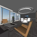 Modern Conference Room Interior With Large Windows View Brown Sofas Coffee Table Circular Ceiling Light 3d model