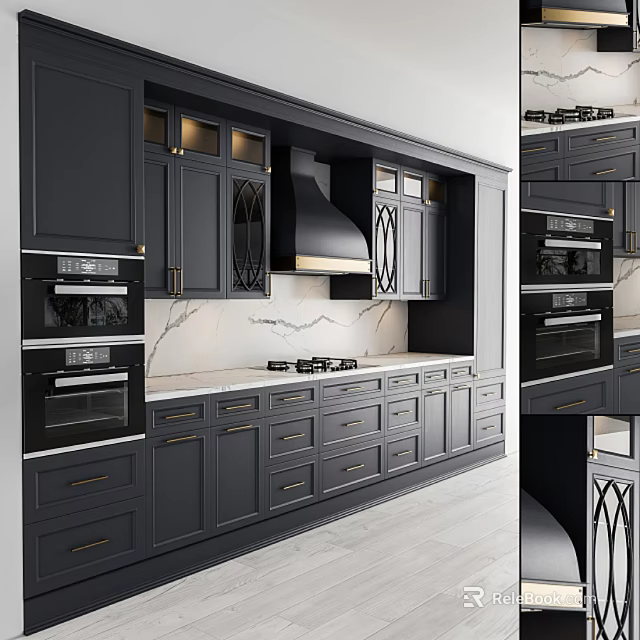 Modern Kitchen Interior With Gray Cabinets Marble Countertop Range Hood And Built In Ovens 3d model 