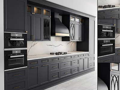 Modern Kitchen Interior With Gray Cabinets Marble Countertop Range Hood And Built In Ovens 3d model