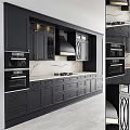 Modern Kitchen Interior With Gray Cabinets Marble Countertop Range Hood And Built In Ovens