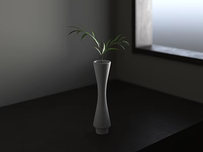 Minimalist White Vase With Green Leaves On Dark Wooden Table Near Window 3d model