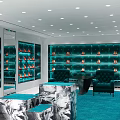 Luxury Shoe Store Interior With Teal Display Shelves Red Shoes Green Rug And Marble Tables